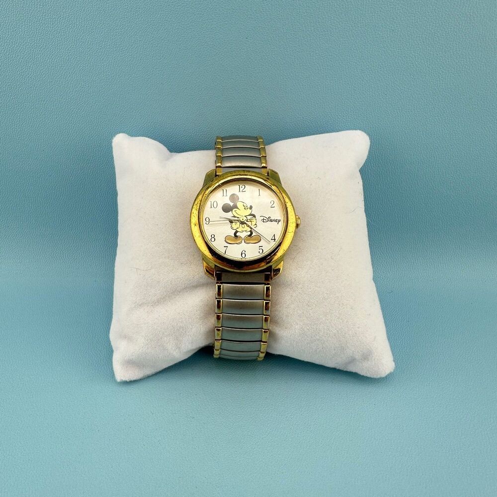 Vintage Mickey Mouse Gold Silver Tone Stretch Band Wrist Watch Tested Works - Picture 6 of 14